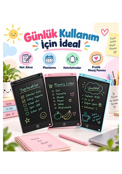 20 İnç Lcd Yazı Ve Çizim Tableti Renkli Ekranlı Tek Tuşla Silme Kalemli Çocuk Not Ve