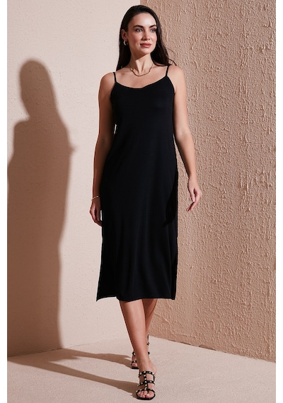 Lela Regular Fit Ip Askılı Yırtmaç Detaylı Midi Bayan Elbise 5866128 Siyah