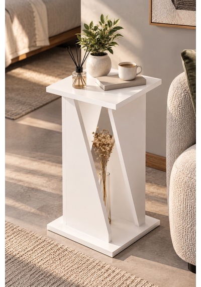 Sulorahome Modern Mermer Desenli Yan Sehpa Beyaz