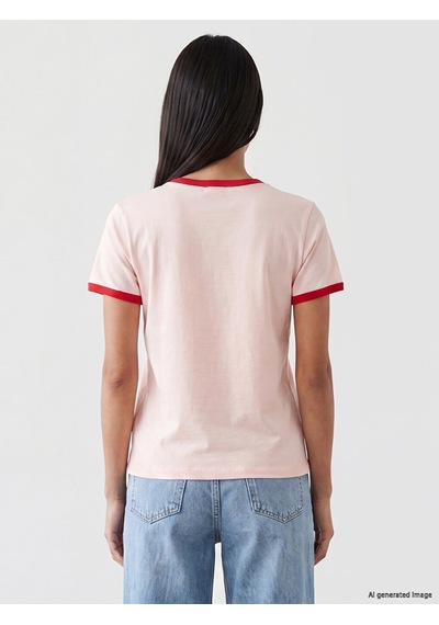 Lcw Modest Pembe Bisiklet Yaka Baskılı Kadın Tişört