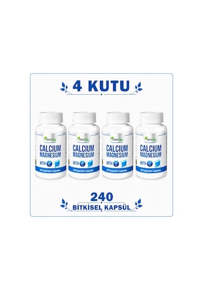 Calcium Magnesium D3 4 Kutu 240 Bitkisel Kapsül Kalsiyum Magnezyum Takviye Edici Gıda