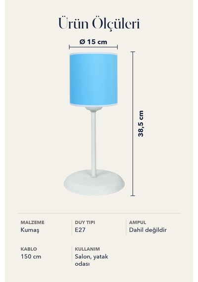 Şenay Aydınlatma Metal Ayaklı Silindir Kumaş Abajur Masa Lambası 15 cm Gök Mavisi