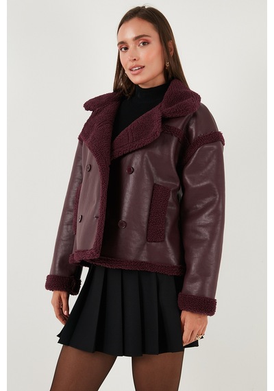 Lela Oversize Kruvaze Yaka Peluş Detaylı Suni Deri Biker Ceket Bayan Mont 6810247 Bordo