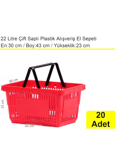 Plastik Alışveriş El Sepeti Çift Saplı 22 Litre Kırmızı 20 Adet / En:30 Boy:43 Yükseklik:22 Cm Kırmızı