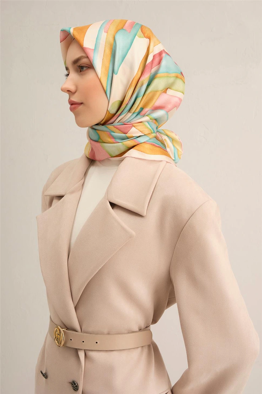 Armine Soyut Desenli Saf İpek Twill Eşarp 9306d 37 Çok Renkli