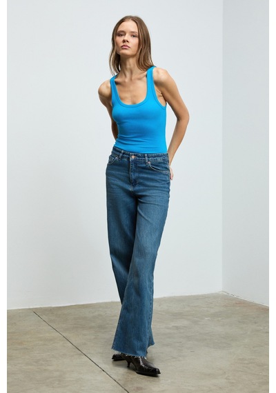 Ethıquet Lıllesol Kadın Fitilli Görünümlü Slim Fit Vücuda Oturan Havuz Yakalı Pamuklu Basic Mavi Atl