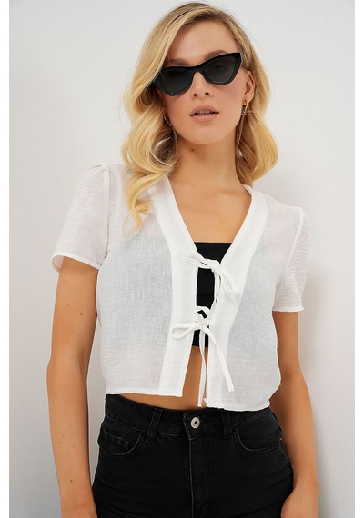 Hiccup Bdart Dokulu V-yaka Keten Karışımlı Crop Top Beyaz