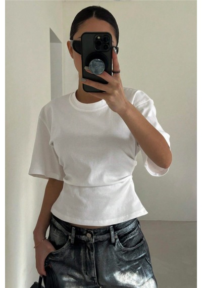 Kadın Beyaz Kısa Kollu Sırt Dekolteli Slim Fit Bluz/t-shirt Beyaz