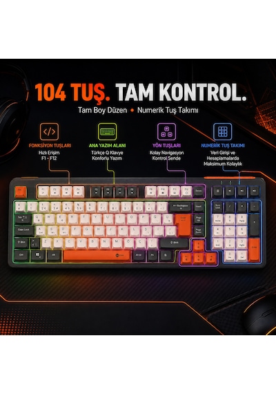 Lecoo GK104 3 Modlu Kablosuz RGB 104 Tuş Membran Türkçe Q Gaming Oyuncu Klavyesi