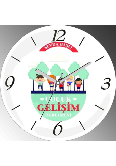 Kişiye Özel Çocuk Gelişim Öğretmeni Çap 30cm Sessiz Akar Bombeli Gerçek Cam Duvar Saati Çok Renkli