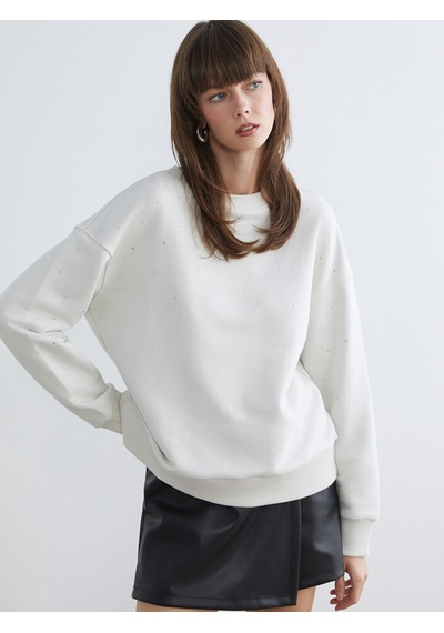 Lcw Vision Bej Bisiklet Yaka Taşlı Oversize Kadın Sweatshirt