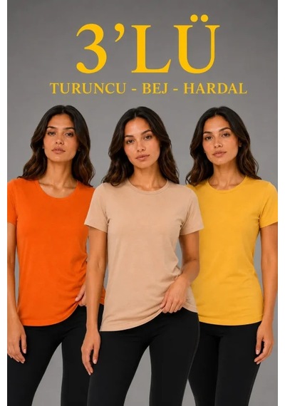 Hazego 3 Lü Kısa Kollu Bisiklet Yaka Basic Slim Fit T-shirt - Turuncu - Bej - Hardal Çok Renkli Hazego 3 Lü Kısa Kollu Bisiklet Yaka Basic Slim Fit T-shirt - Turuncu - Bej - Hardal Çok Renkli