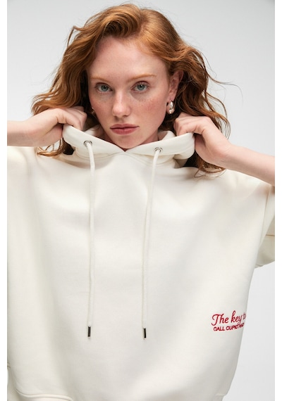 Grimelange JASSES Kadın Oversize Nakışlı Kapüşonlu Beyaz Sweatshirt