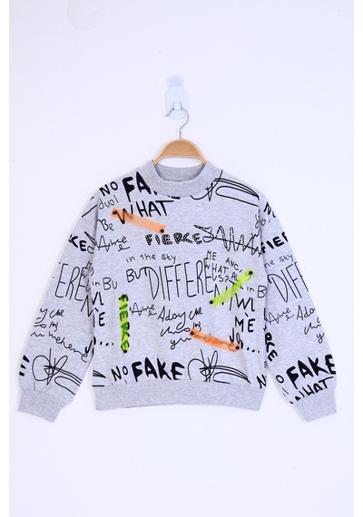 Toontoy Kız Çocuk Neon Şerit Detaylı Baskılı Sweatshirt Gri Melanj