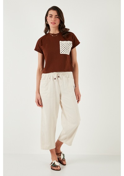 Lela Pamuklu Relaxed Fit Yüksek Bel Geniş Kısa Paça Bayan Pantolon 668Yp5318 Taş