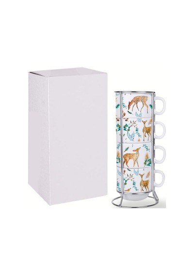 Deepcraft Stantlı 4'lü Fincan Seti Çıkmaz Baskılı Ceylan Desenli 4 Adet Fincan Seti 190 Ml Beyaz