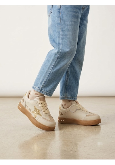 Hayo Cırtlı Süs Bağcıklı Yaldız İşlemeli Kız Çocuk Rahat Hafif Sneaker Spor Ayakkabı Bej - Altın
