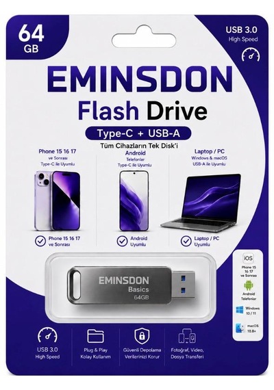 64gb Flash Bellek Android Iphone15 Ve Sonrası Type-c Telefon Bilgisayar Tablet Uyumlu Usb3.0 Usb & Type-c