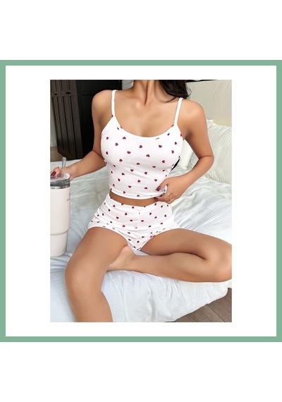 Bşkvirgo Kadın Kalp Desenli Askılı Şortlu Pijama Takımı 5236 Beden: S/m Renk: Beyaz Bsk2026