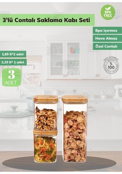 3 Lü Erzak Saklama Kabı Seti Bpa Free Hava Almaz Bambu Desenli Şeffaf