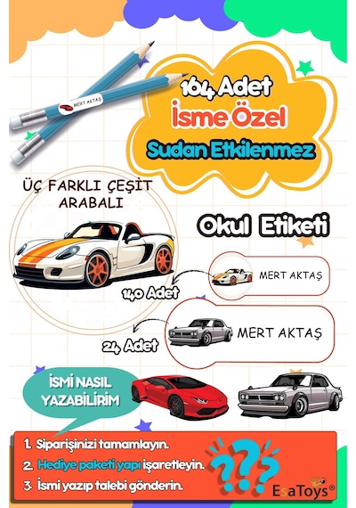 Yarış Arabası Temalı Özel İsminiz Yazılı Okul Etiketi Diğer