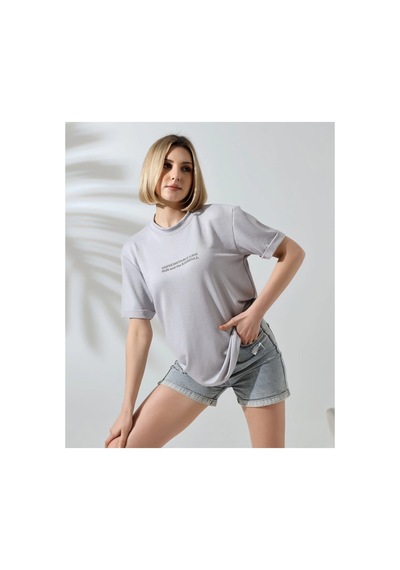 Kadın Bisiklet Yaka Baskılı Slim Fit T-shirt - Boyalı Gri