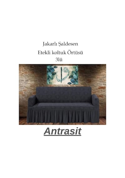 Şal Desen Koltuk, Kanepe, Çekyat Örtüsü, Etekli 3lü Antrasit Antrasit