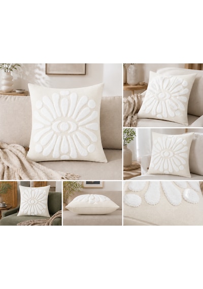 Flora 43x43 Cm Dekoratif Kırlent Kılıfı Kabartmalı Çiçek Desenli Modern Koltuk Yastık Kılıfı Krem