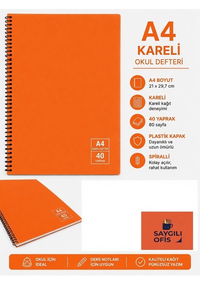Saygılıofis 40 Yaprak A4 Spiralli Pp Kapak Kareli Defter Turuncu