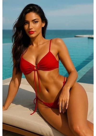 Siyah Bağcıklı Bikini Takımı V5100 Kırmızı