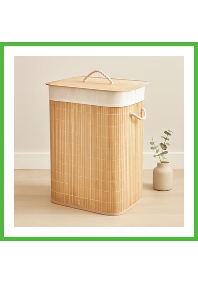 Vaveni Bambu Kirli Çamaşır Sepeti 40x30x60 Cm - Kapaklı İpli Kumaş Torbalı Arz