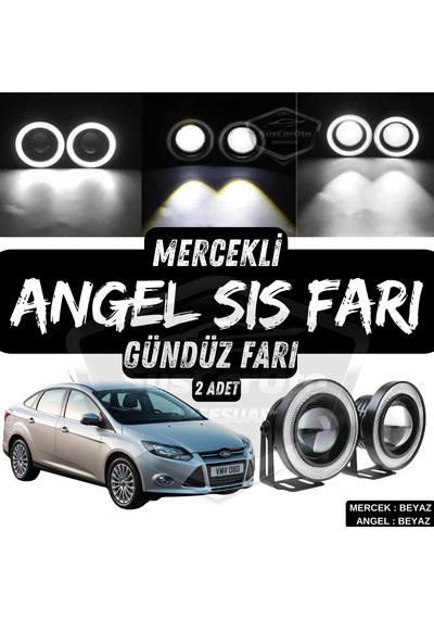 Ford Focus 3 2011-2014 Uyumlu Mercekli Angel Sis Farı Metal Su Geçirmez 76 Mm Beyaz Halkalı Gündüz Far Angel Eyes 2 Adet
