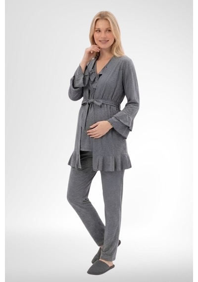 Mecit Pijama Mecit 6403 Sabahlıklı Lohusa Pijama Takımı Füme
