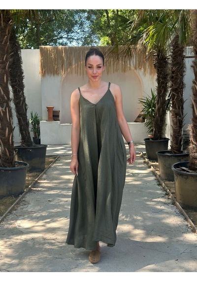 Yazlık Keten Askılı Oversize Elbise Yeşil