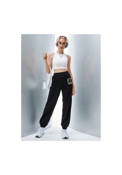 Tarzsokak Qutie Letter Graphic Elastic Waist 4 Mevsim Eşofman Siyah