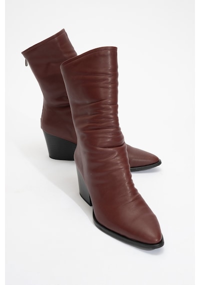 Luvishoes Luvi Shoes Laval Bordo Cilt Arkadan Fermuarlı Kadın Kalın Topuklu Bot Bordo