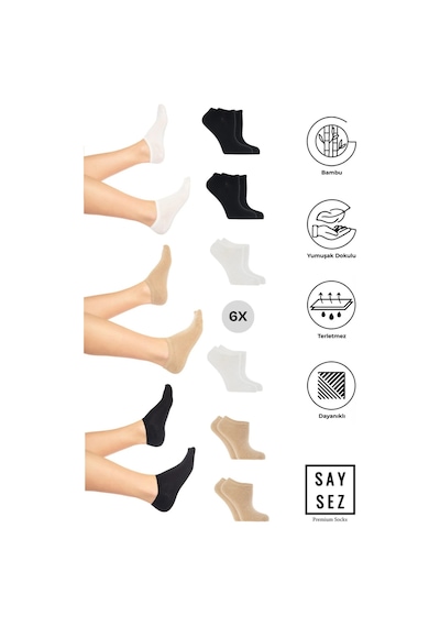Saysez Bambu Kadın Sneaker Siyah-beyaz-bej Çorap Dikişsiz Görünmez Bilekte Spor Çorap Premium 6'lı Paket Renkli Saysez Bambu Kadın Sneaker Siyah-beyaz-bej Çorap Dikişsiz Görünmez Bilekte Spor Çorap Premium 6'lı Paket Renkli
