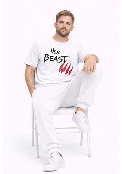 Sevgili Kombini Her Beast His Beauty Oversize Çift Tişört Unisex Beyaz