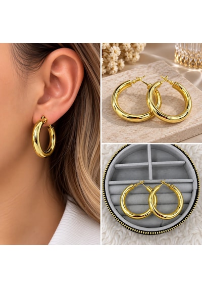 Premium Parlak Ve Şık Gold Renk Büyük Boy Halka 316l Çelik Kadın Küpe Altın