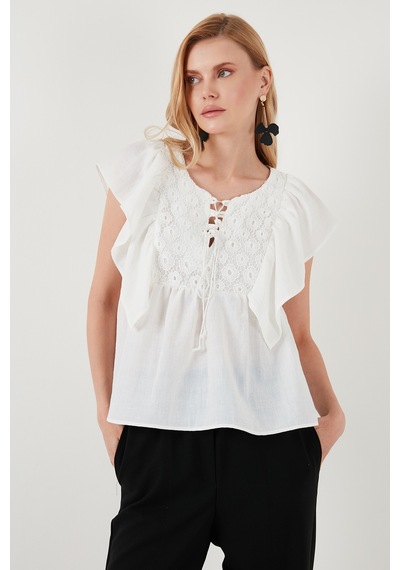 Lela Regular Fit Önden Bağlamalı Volanlı Bayan Bluz 611Fb20064 Ekru
