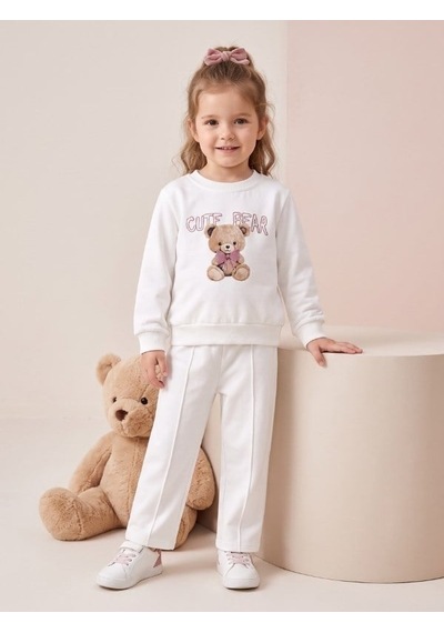 Zekids Kız Çocuk Beyaz Ayıcık Baskılı Bisiklet Yaka Eşofman Takımı-17433