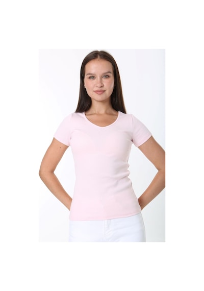 Rooted-kadın Basic V Yaka T-shirt ,fitilli Kaşkorse Kumaş Bluz Pembe