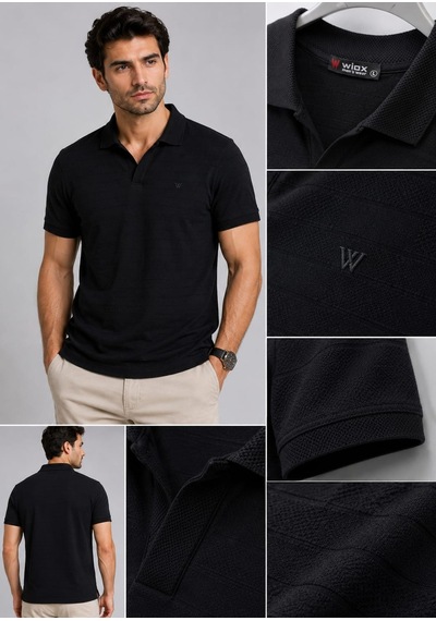 Wiox Polo V Yaka Jakar Tişört Siyah
