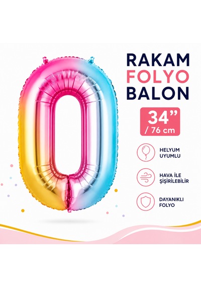 0 Rakam Folyo Balon Gökkuşağı 34 İnç 76 Cm Doğum Günü Parti Balonu Çok Renkli