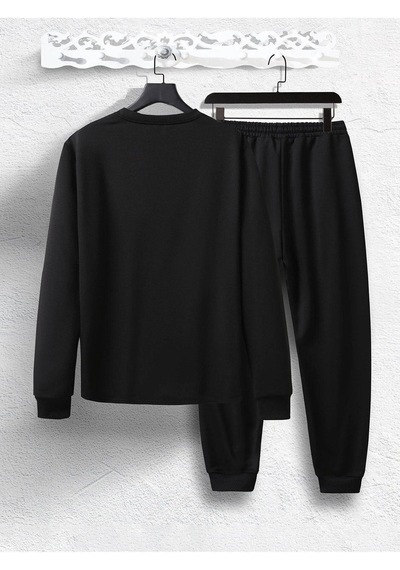 Basic Düz Eşofman Takımı Sweatshirt Jogger - Siyah Oversize Şardonlu Bisiklet Yaka Siyah