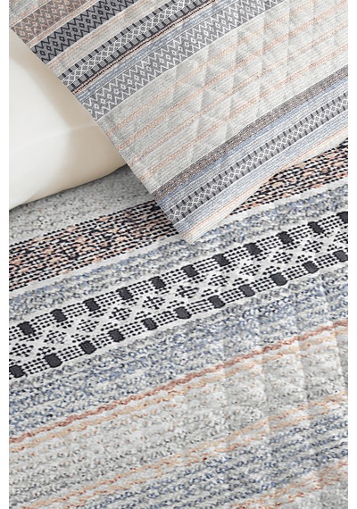 Geometrik Çizgili Gri Genç Odası Tek Kişilik Pike Takımı-bohem Mavi 160x220 Cm Kapitone Yatak Örtüsü Kışlık Pike Kuşağı