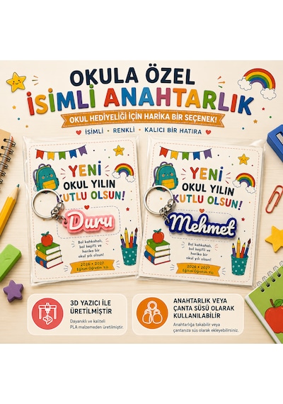 Dual 3d Kişiye Özel İsimli Okul Hediyeliği 3d Anahtarlık Çanta Süsü - 10'lu Paket / Kreş Anaokulu İlkokul Hediyelik Beyaz