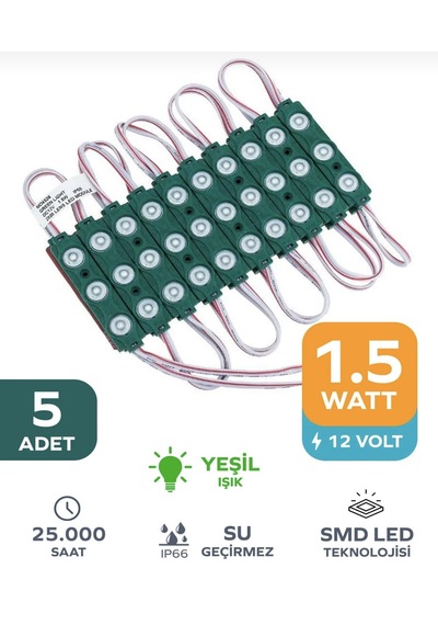 Point 5 Adet 3 Ledli Parmak Led Modül 1.5w 2835 Smd Mercekli 12v Yeşil