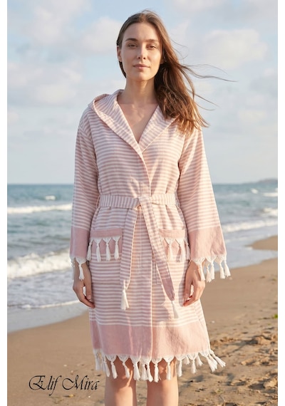 Kapşonlu Unisex Peştemal Plaj Deniz Banyo Bornozu Beachside Pudra