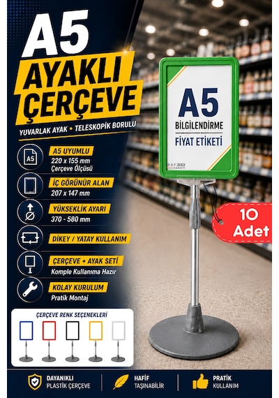 10 Adet - A5 Ayaklı Menü Ve Fiyat Bilgi Standı Yuvarlak Tabanlı Teleskopik Çerçeve Etiketlik Yeşil